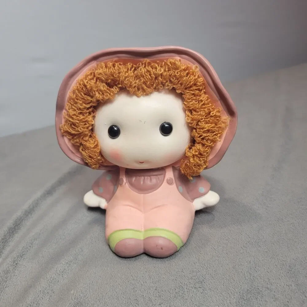 Vintage Ceramic Rag Doll Coin Bank Pink Green Brown Curly Haired Girl Collection